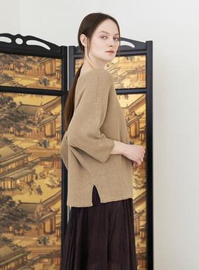 Readme读我女士新款哑金高低摆简约一字领套头针织衫B90229145