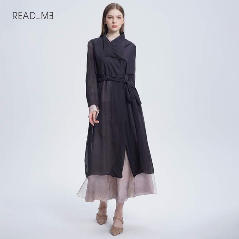 readme立领长款飘逸真丝风衣