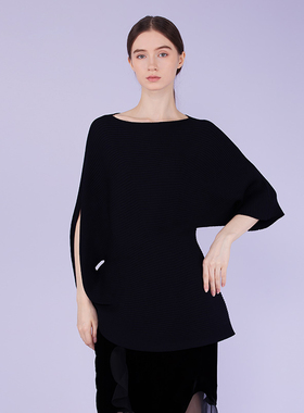 readme女士宽松中袖圆领收腰不对称中长针织衫B10203147