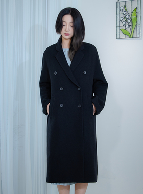 READ_ME读我黑色经典双排扣翻驳领包容显身材长款大衣G10945288