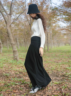 READ_ME读我黑色翻折饰腰叠褶裙裤B80712234