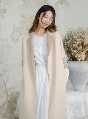 READ_ME读我米黄针织袖立裁翻驳领长款双面呢大衣B30946537