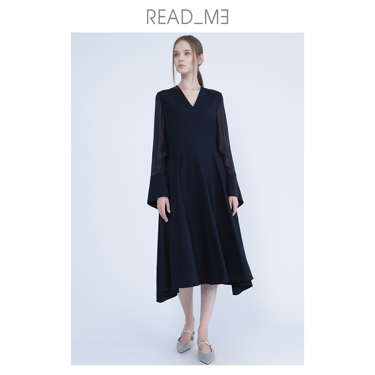 readme读我设计师秋V领长袖气质收腰显瘦女中长款连衣裙60823527