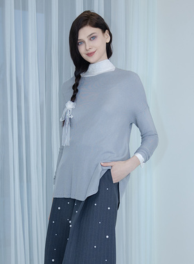 READ_ME读我灰色翻针斜角一字领套头针织衫B10234247