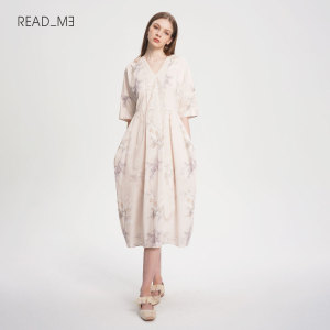 Readme读我素雅气质印花棉女中长款连衣裙50809206