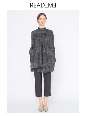 readme读我复古立领宽松长袖印花短衬衫连衣裙70815211