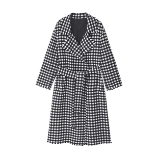 Readme读我秋冬新品女士长袖高级系带极简拉毛格纹大衣D10902299