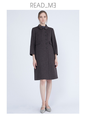 readme读我设计师女娃娃领复古格纹中长款呢大衣T60903288