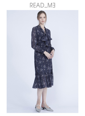 商场同款readme读我设计师真丝水彩印花飘带修身连衣裙50810211