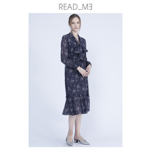商场同款readme读我设计师真丝水彩印花飘带修身连衣裙50810211