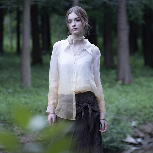 直身桑蚕丝渐变色衬衫晕染