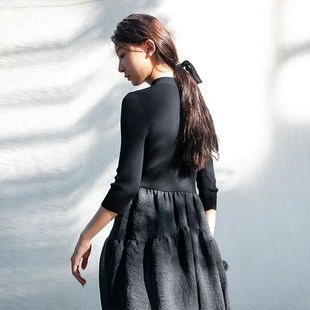 READ_ME读我针织相拼花苞摆黑灰连衣裙B80211145