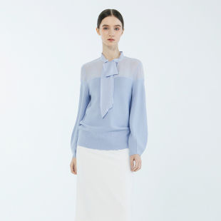 B10246347 领相拼套衫 readme23秋冬新品 女士雪纺宽松显瘦飘带衬衫