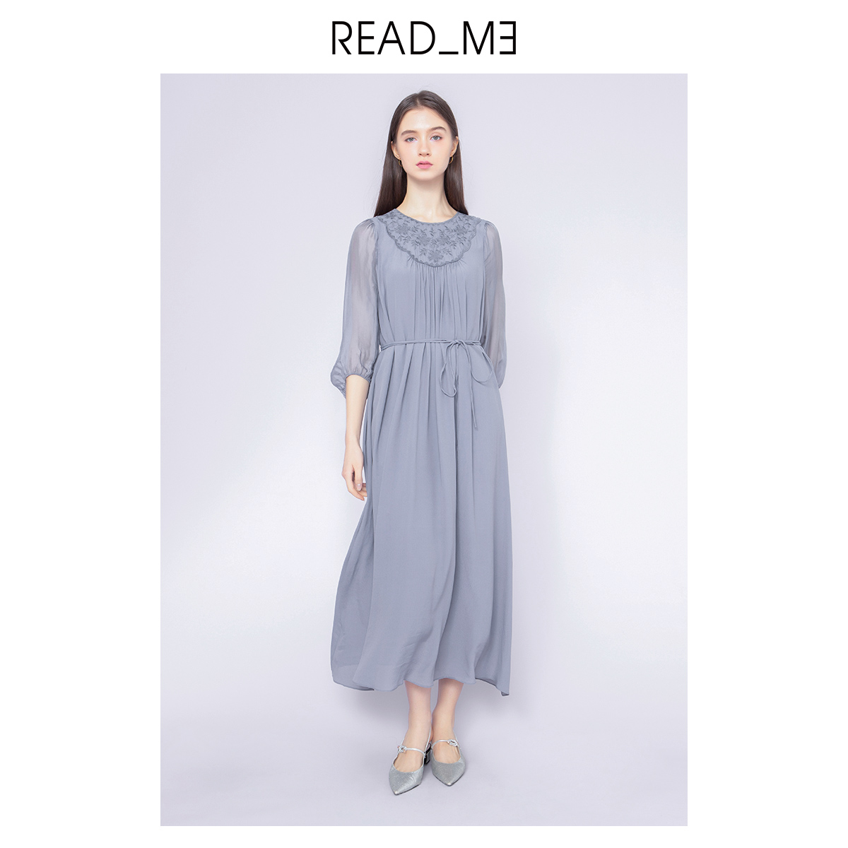 readme女士法式绣花及踝连衣裙