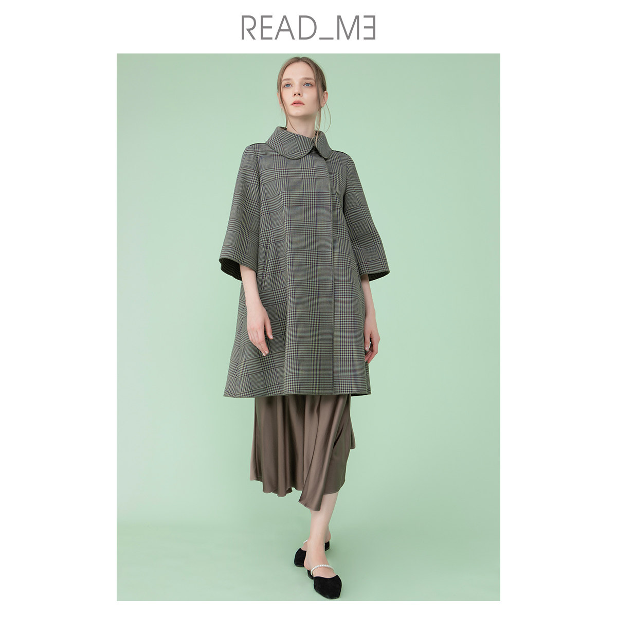 商场同款readme读我22秋复古娃娃领格纹宽松显瘦羊毛大衣50902104