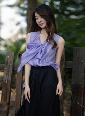 READ_ME读我紫色飘带领连内搭无袖桑蚕丝套衫B71108229