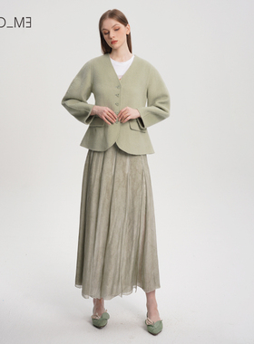 readme读我女V领短款廓形羊毛驼毛大衣50903107