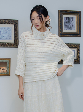 READ_ME读我白色慵懒横纹中高领肌理连袖针织套衫G80201140