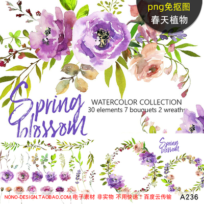 A236手绘水彩紫色春天花朵植物叶子环PNG免抠图设计PS平面素材