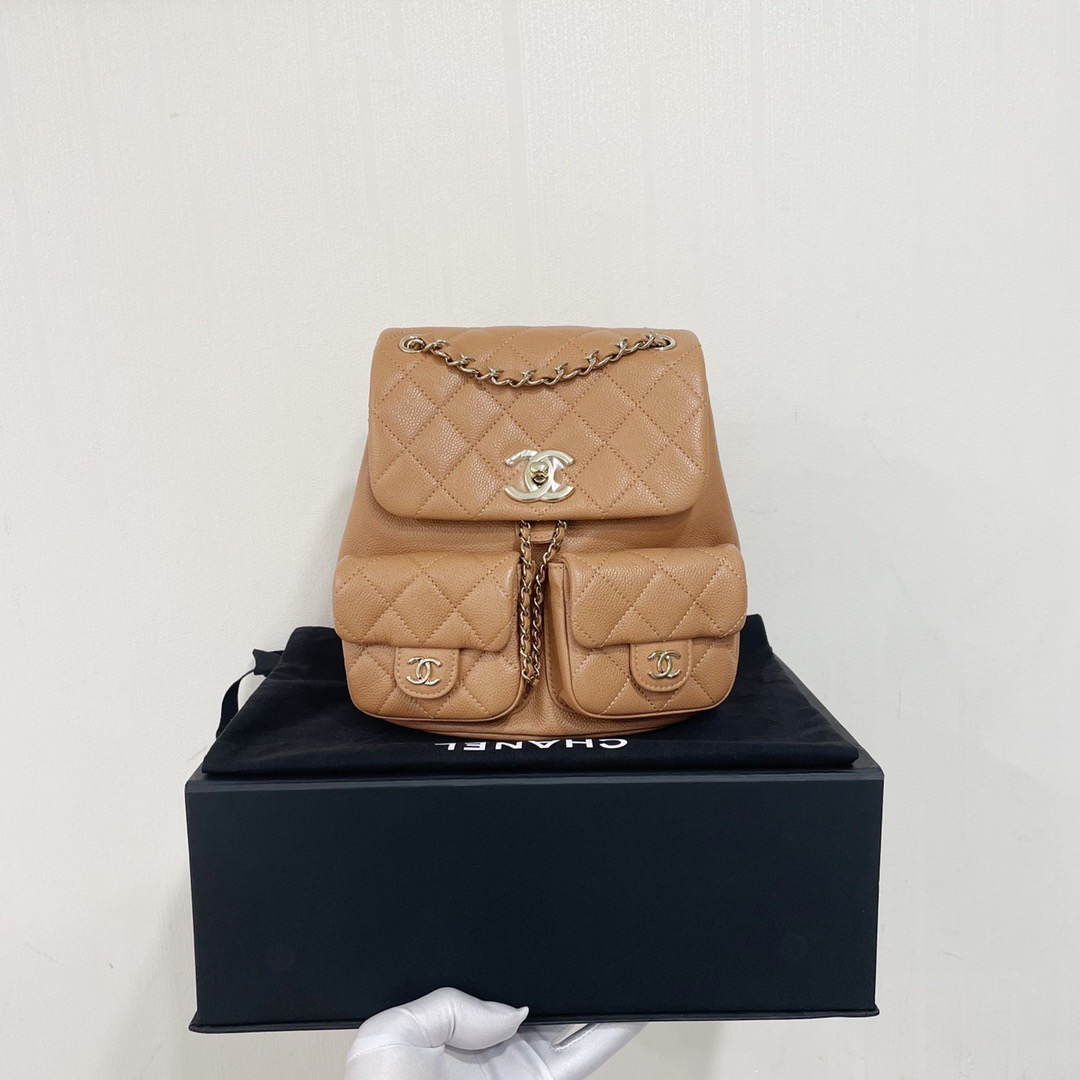 二手Chanel香奈儿奶茶色金扣23P荔枝皮大号duma青蛙包双肩背包