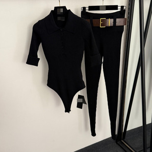 26早春套装半开扣翻领修身短袖针织衫连体上衣高腰弹力踩脚打底裤