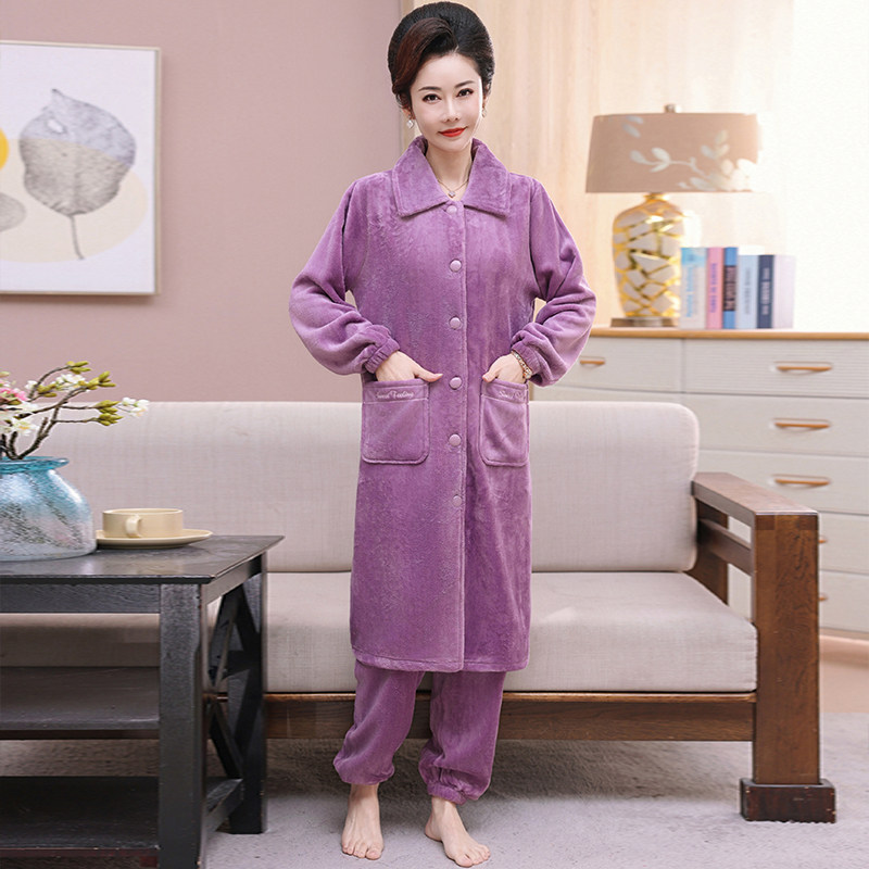 珊瑚绒加绒加厚中老年婆婆睡袍女秋冬法兰绒家居服套装中长款浴袍