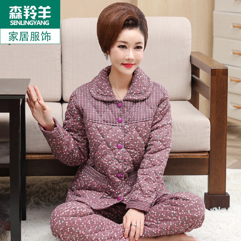 三层夹棉女士睡衣秋冬季中老年人