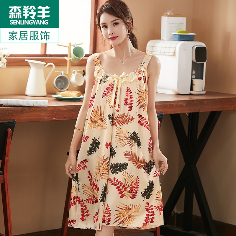新款韩版夏季中年丝绸女睡裙冰丝无袖吊带薄款妈妈加肥加大码胖mm