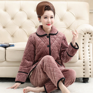 珊瑚绒夹棉睡衣女士冬季三层加厚中年妈妈保暖加绒家居服套装外穿