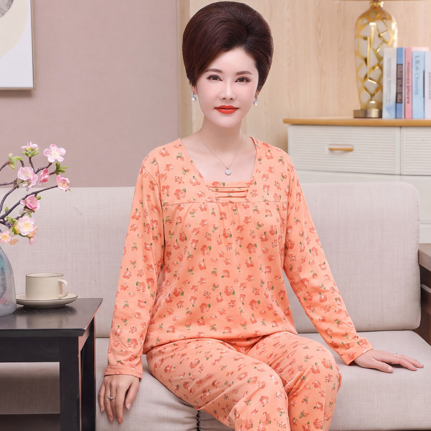 中年人女士纯棉睡衣春秋季薄款长袖套头妈妈家居服秋冬款全棉大码
