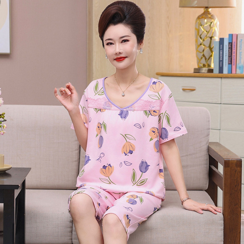 妇女家居服中年妈妈睡衣夏季薄款纯棉短袖七分裤休闲夏天全棉套装