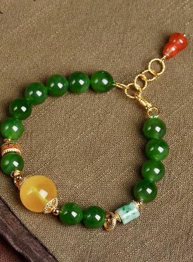 天然和田碧玉手串女蜜蜡南红葫芦吊坠925银镀金多宝手链一件代发