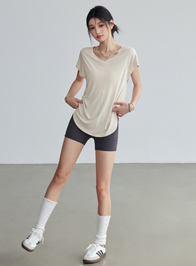 岚纹宽松显瘦健身服女跑步运动短袖速干瑜伽上衣普拉提罩衫夏季t