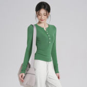 岚纹纽扣健身瑜伽服长袖 跑步训练上衣打底衫 女修身 运动T恤秋冬款