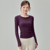 岚纹瑜伽服女修身 透气运动上衣圆领弹力普拉提跑步T恤杉健身长袖