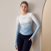 岚纹圆领运动上衣渐变紧身瑜伽服女显瘦高弹跑步训练健身长袖 春夏