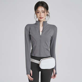 显瘦瑜伽上衣跑步长袖 岚纹秋冬保暖加绒健身服女修身 运动外套短款