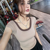 新 健身服跑步显瘦训练瑜伽服短袖 岚纹撞色运动上衣女t恤夏季 薄款