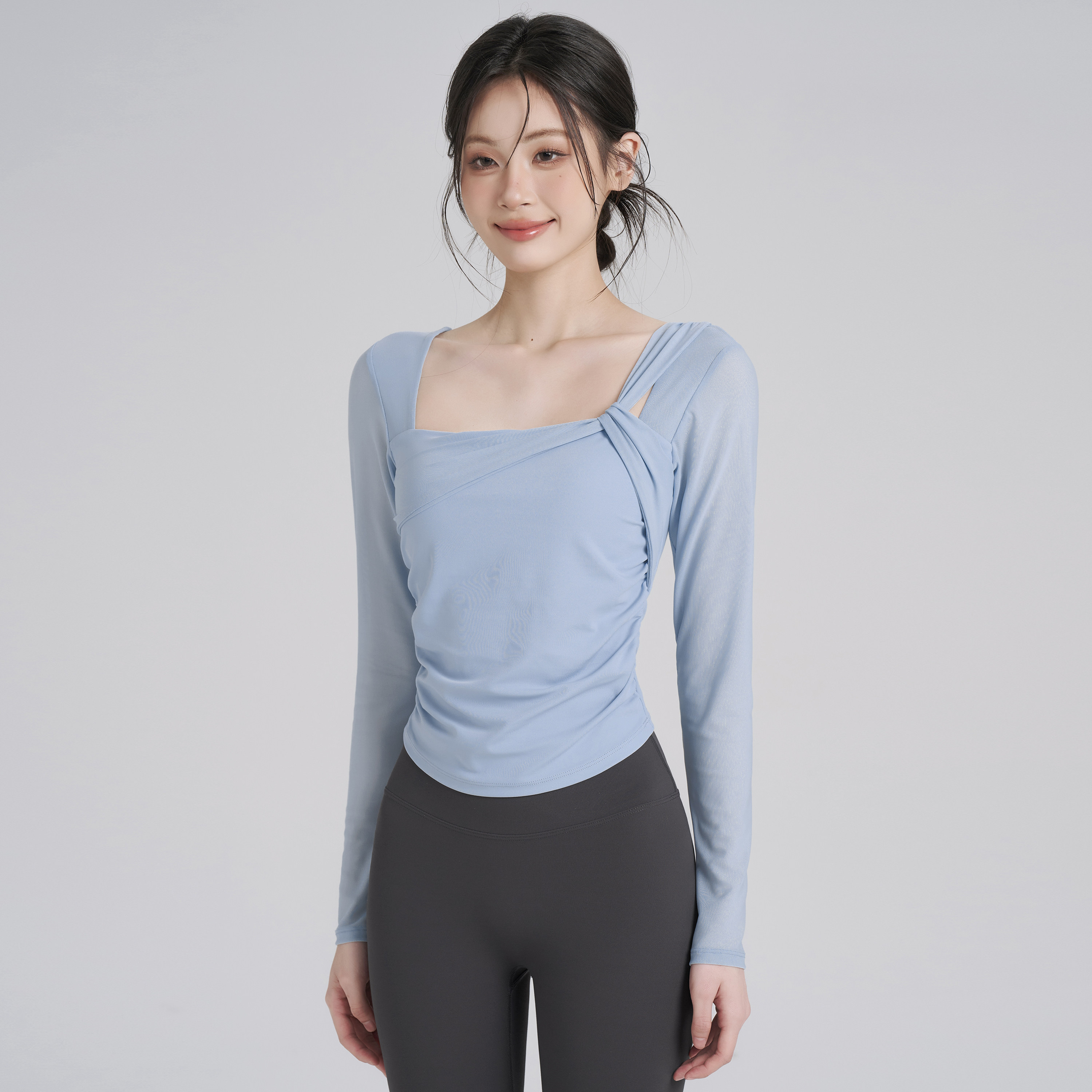 岚纹带胸垫瑜伽服女方领练功跑步运动上衣网纱气质普拉提健身长袖