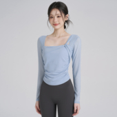 岚纹带胸垫瑜伽服女方领练功跑步运动上衣网纱气质普拉提健身长袖