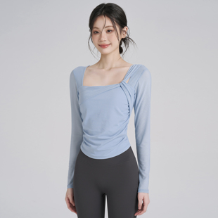 岚纹带胸垫瑜伽服女方领练功跑步运动上衣网纱气质普拉提健身长袖