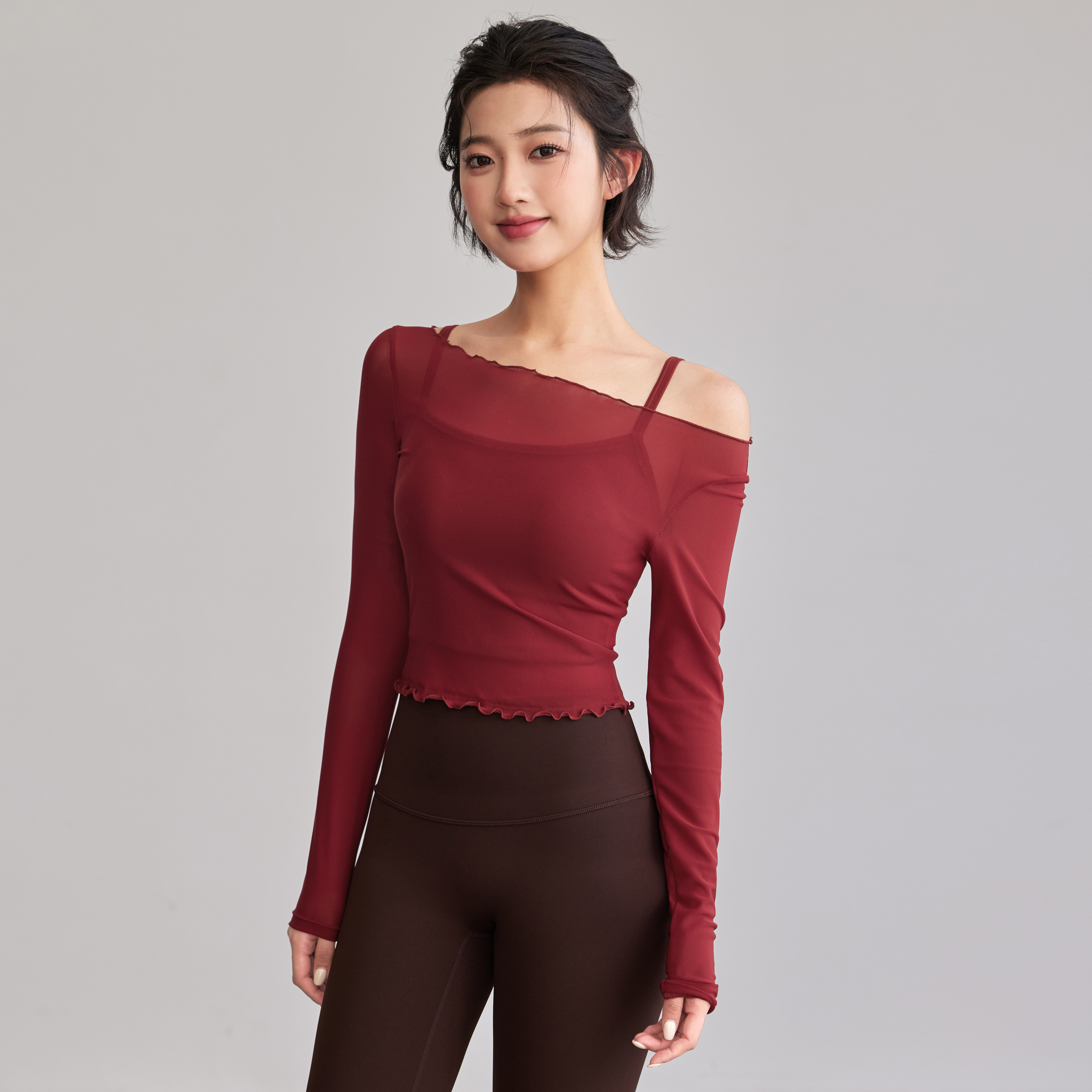 岚纹新年红带胸垫瑜伽服女普拉提性感罩衫网纱运动长袖跑步健身衣