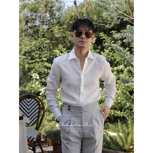 100%亚麻意式优雅绅士衬衣 英伦休闲度假老钱风透气修身亚麻衬衫