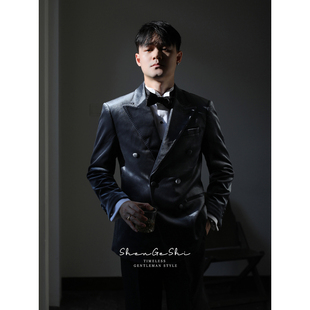 英伦绅士丝绒戗驳领双排扣礼服高级感宴主持会结婚新郎塔士多西装