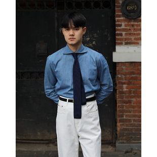 英伦复古一字领百搭洗水纯棉牛仔衬衫商务绅士文艺怀旧温莎领衬衣