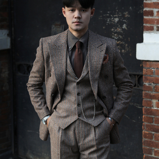 复古英伦千鸟格子浴血黑帮风秋冬厚款呢子修身双排扣西服三件套装