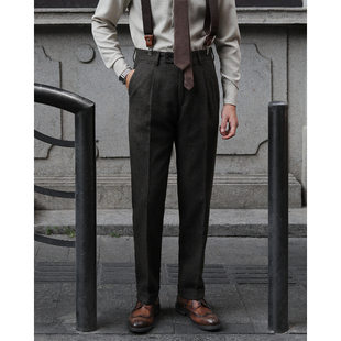 西裤 雅痞结婚修身 咖啡色微厚款 英伦复古文艺羊毛粗花呢小格子长裤