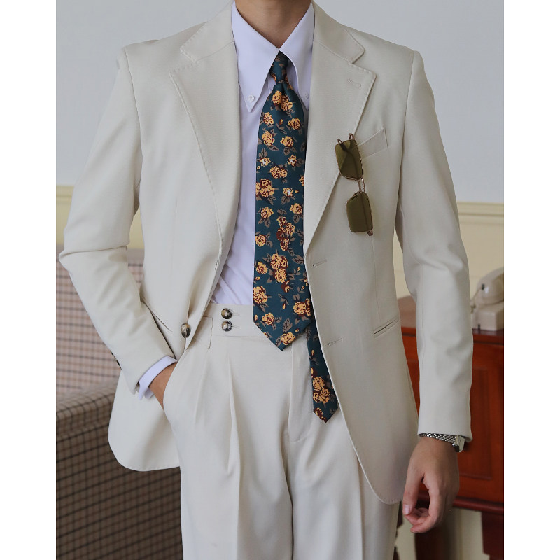 意式复古儒雅老钱风度假 那不勒斯商务休闲修身雅痞杏色西服外套