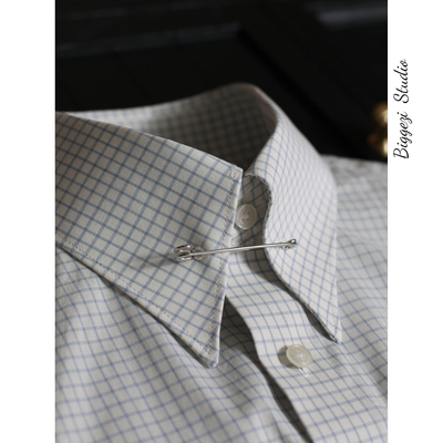 意式复古文艺绅士细格纹 纯棉薄款百搭修身帝国领衬衫（含领针）