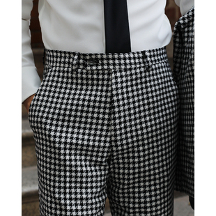 英伦复古中腰千鸟格雅痞绅士宴会主持结婚演出活动修身西装裤西裤